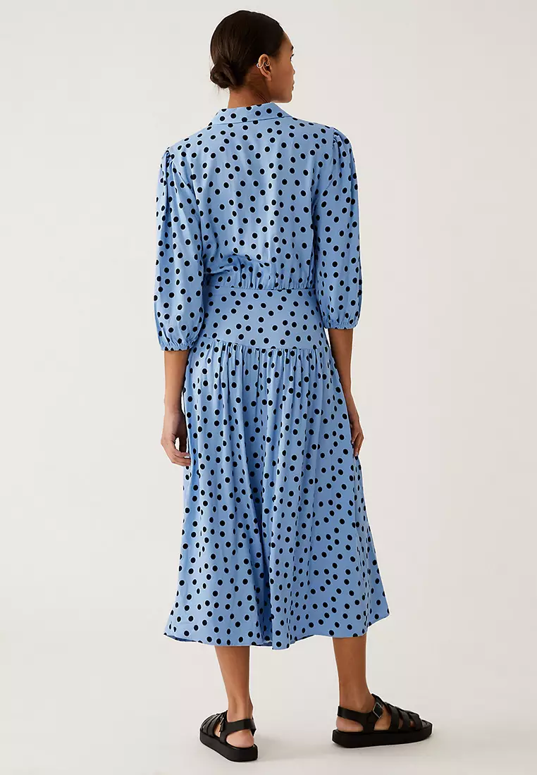 Polka Dot Blouson Sleeve Midi Shirt Dress