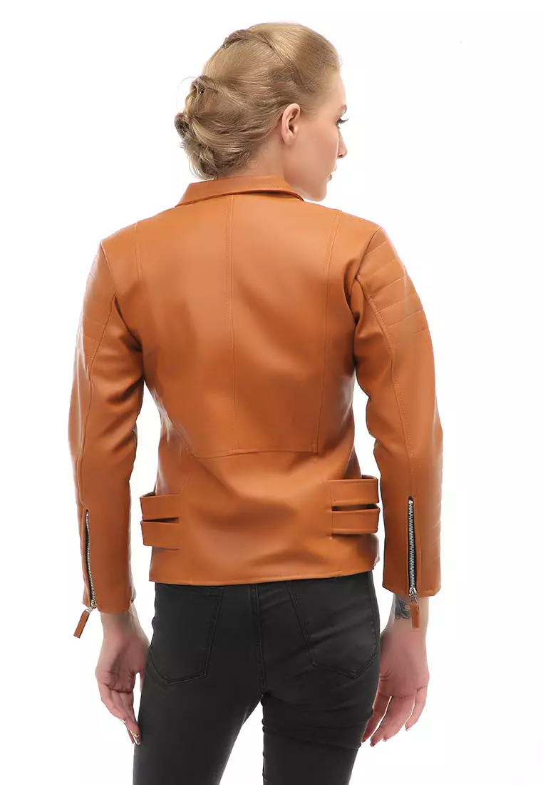 Glenice Jacket Outer Wanita Lengan Panjang Windproof Zipper Pocket Material Leather ORIGINAL - Tan