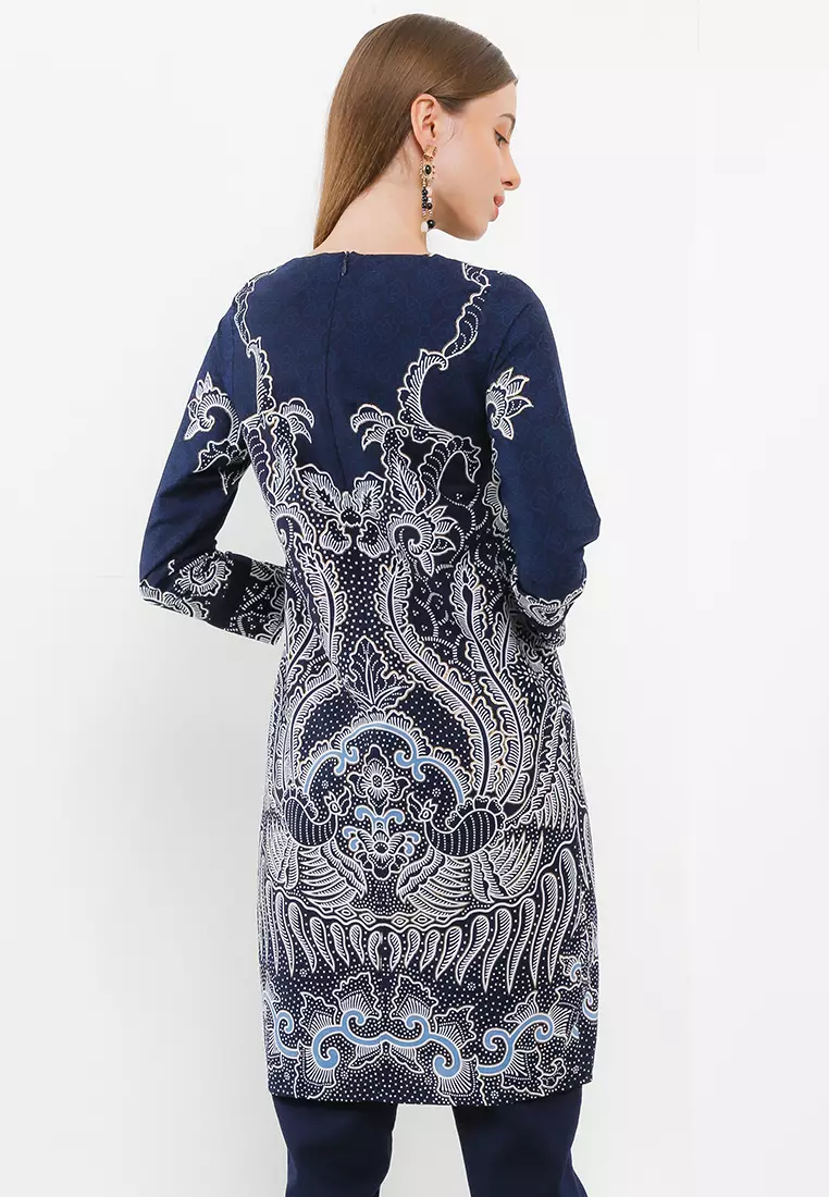 Tunik Muslim Atasan Wanita Batik Katun Prada Premium Varenka Navy
