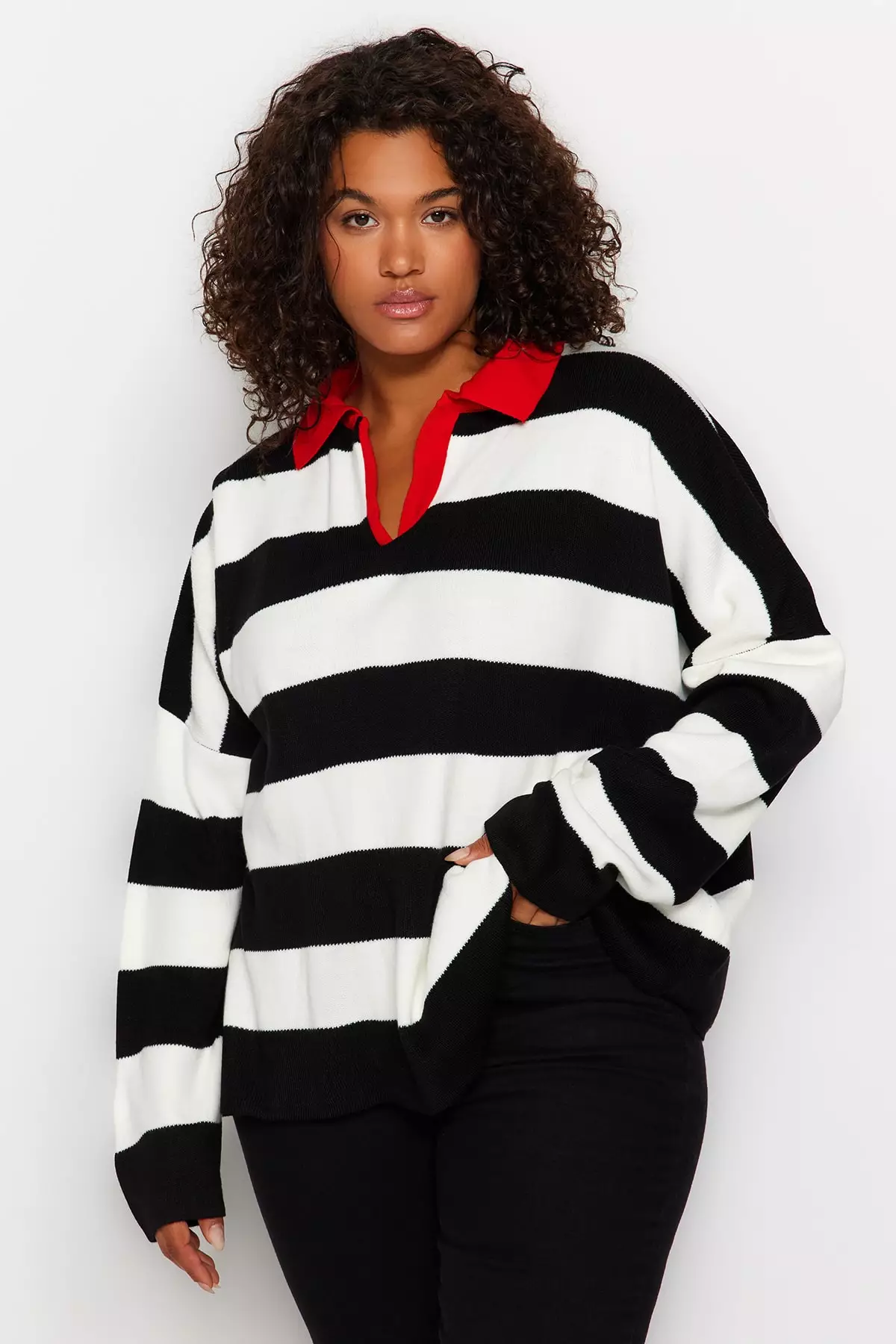 Buy Trendyol Plus Size Red Polo Neck Striped Knitwear Sweater 2024