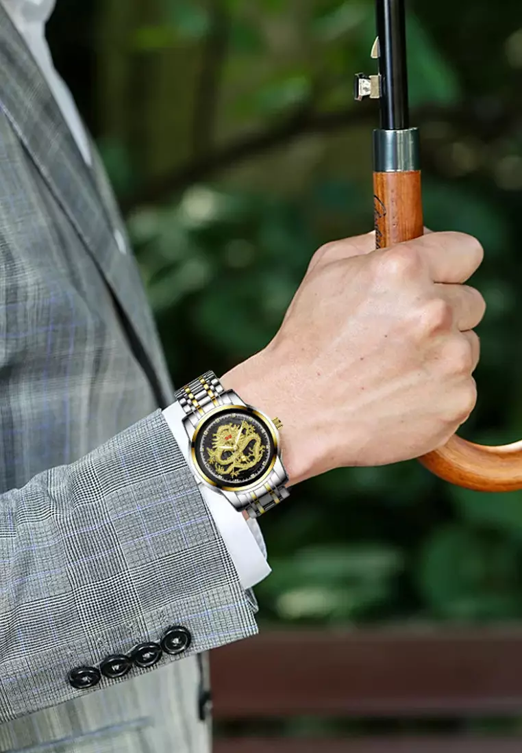 Jam Tangan Pria 9002 Naga Emas Stainless Steel Quartz Original Dragon Gold Kuning Jam Tangan Cowok gold black