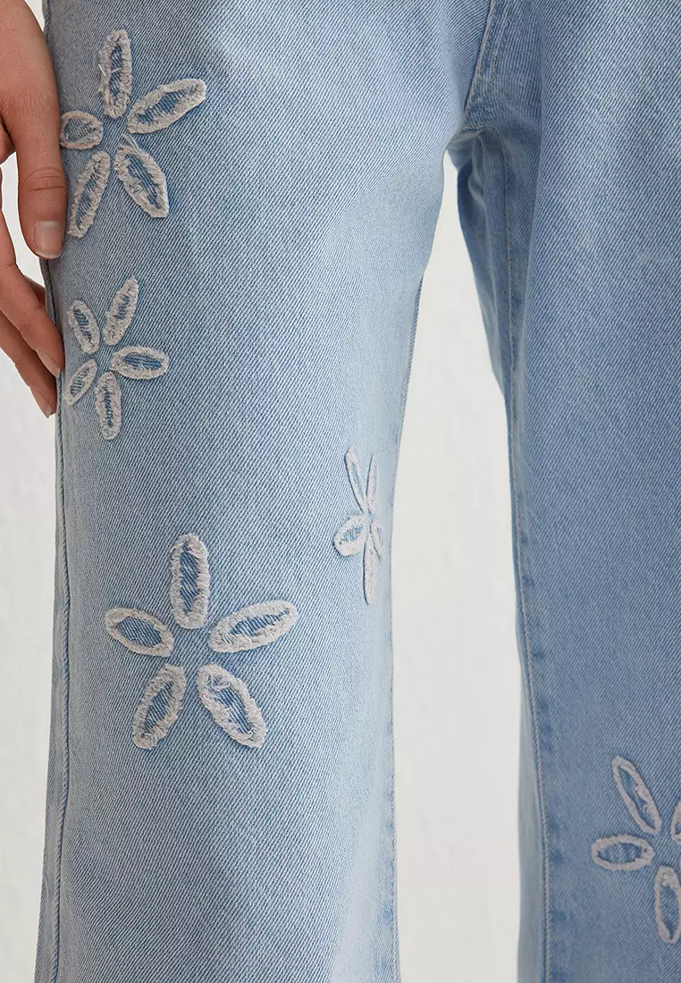 Floral Embroidered High Waist Wide Leg Jeans