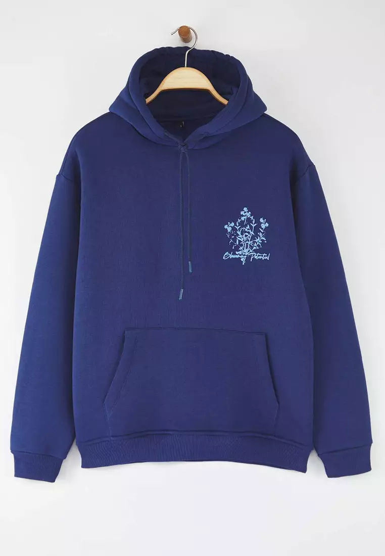 Navy Blue Oversize/Wide Cut Hooded Printed Fleece Inside/Warm Sweatshirt Tmnaw24Sw00100
