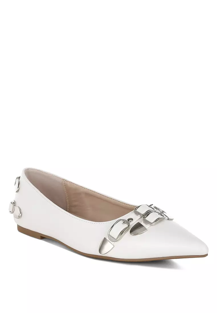 Belt Buckle Detail Ballerinas In White