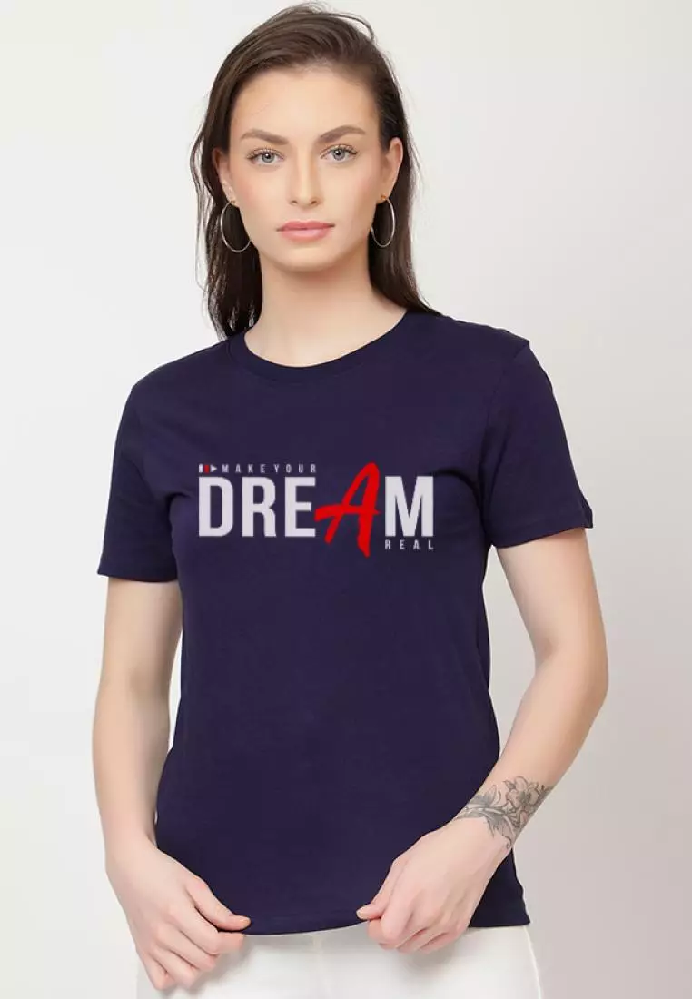 Dream Print Relaxed Short Sleeve Stylish Navy Blue Cotton Casual Graphic Print Tee/TShirt