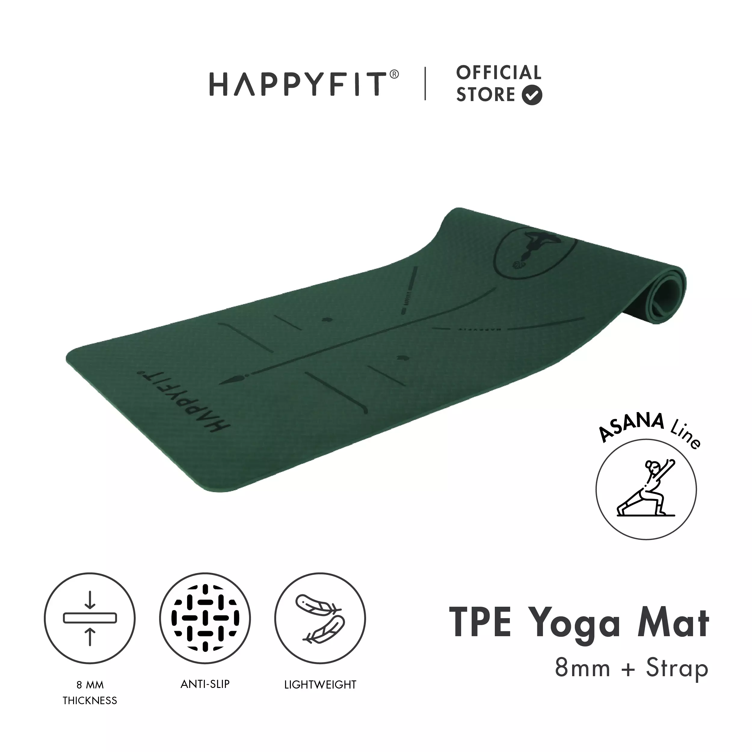 HAPPYFIT Yoga Mat Asana TPE 8mm Free Strap Green