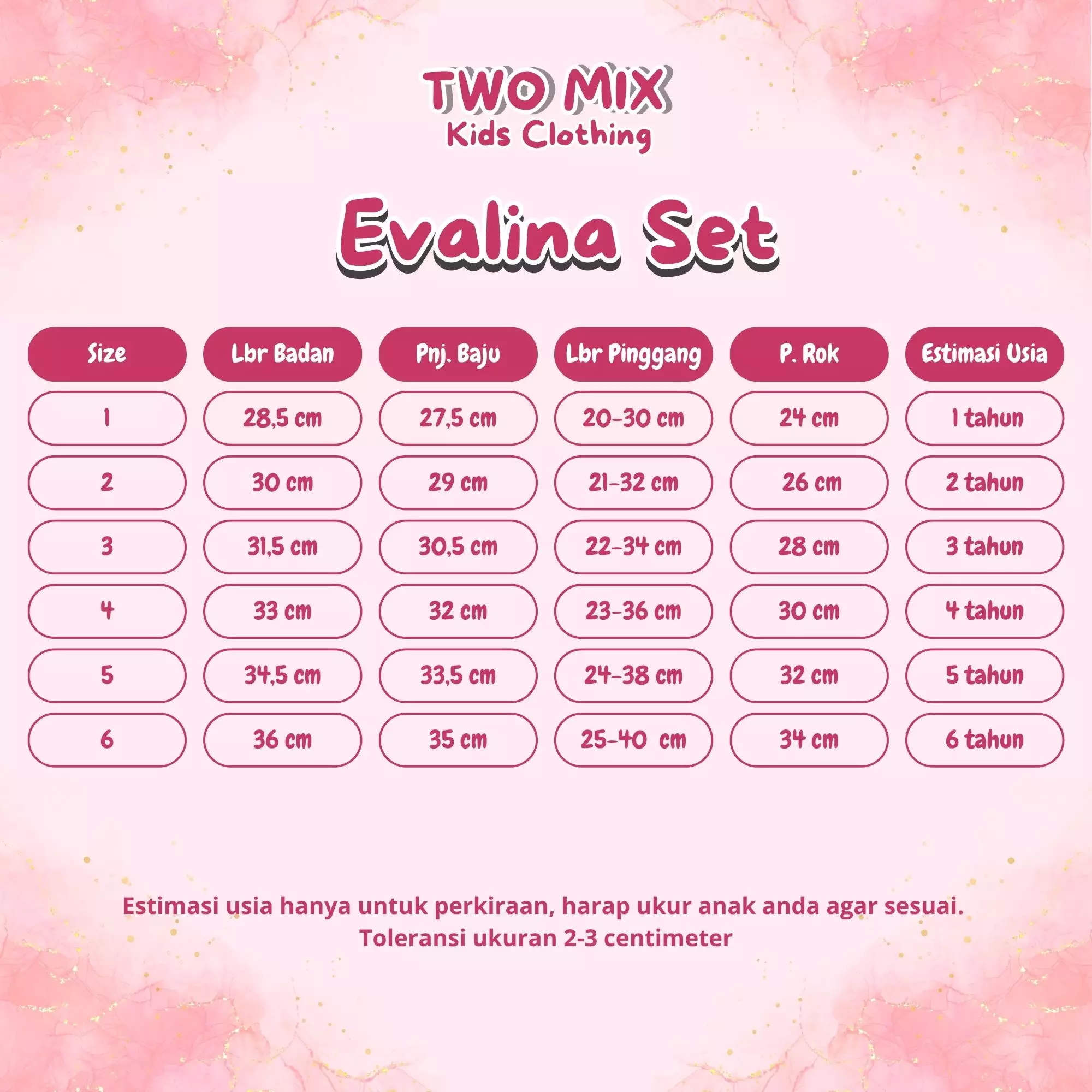 Two Mix - Evalina Setelan Baju Rok Anak Perempuan Lebaran 2025 1-6 Tahun 4429 Rose