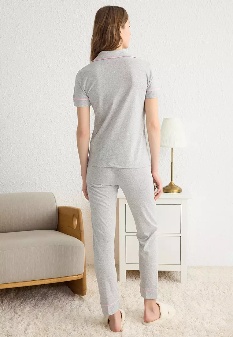 Gray Cotton Collar Lamb Printed Tight Pajama Set