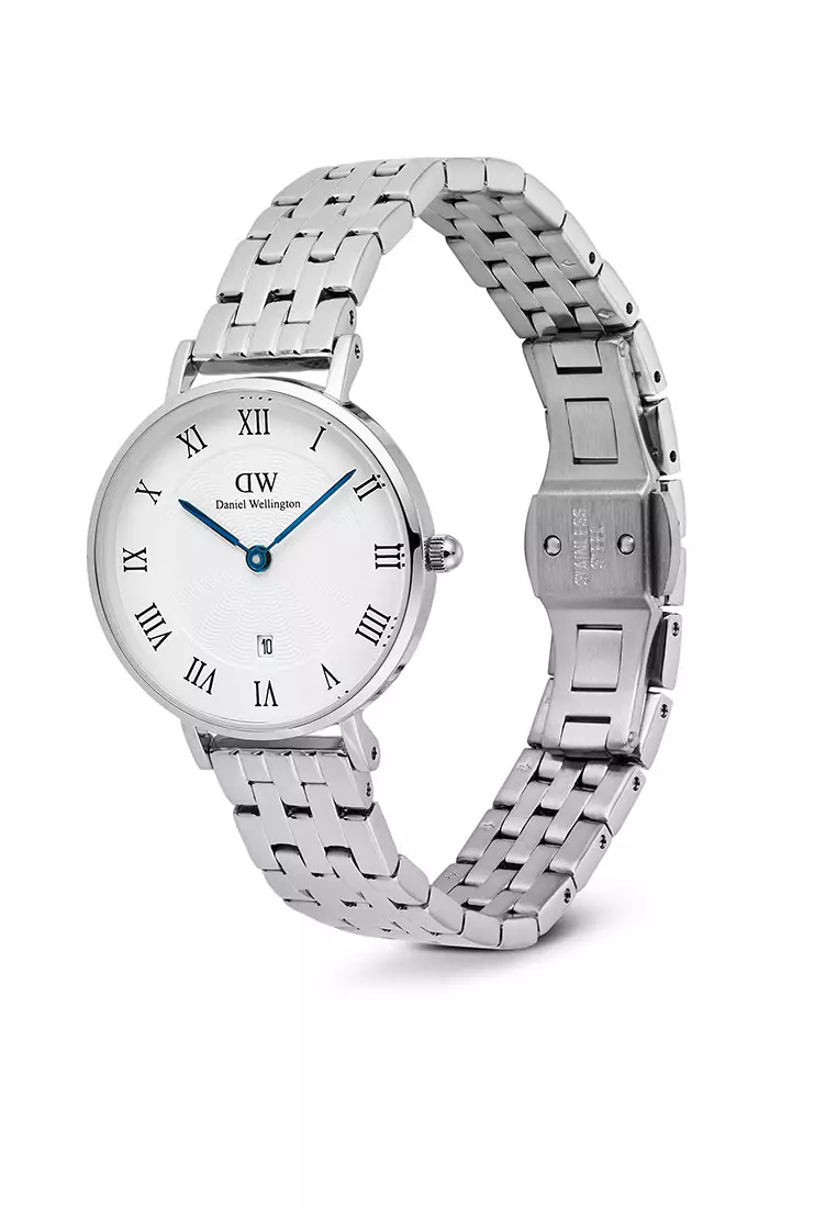Petite 28mm Roman Numerals Date 5-Link White Silver Women Watch stainless steel watch DW Official Authentic Original jam tanggan perempuan DW jam tangan