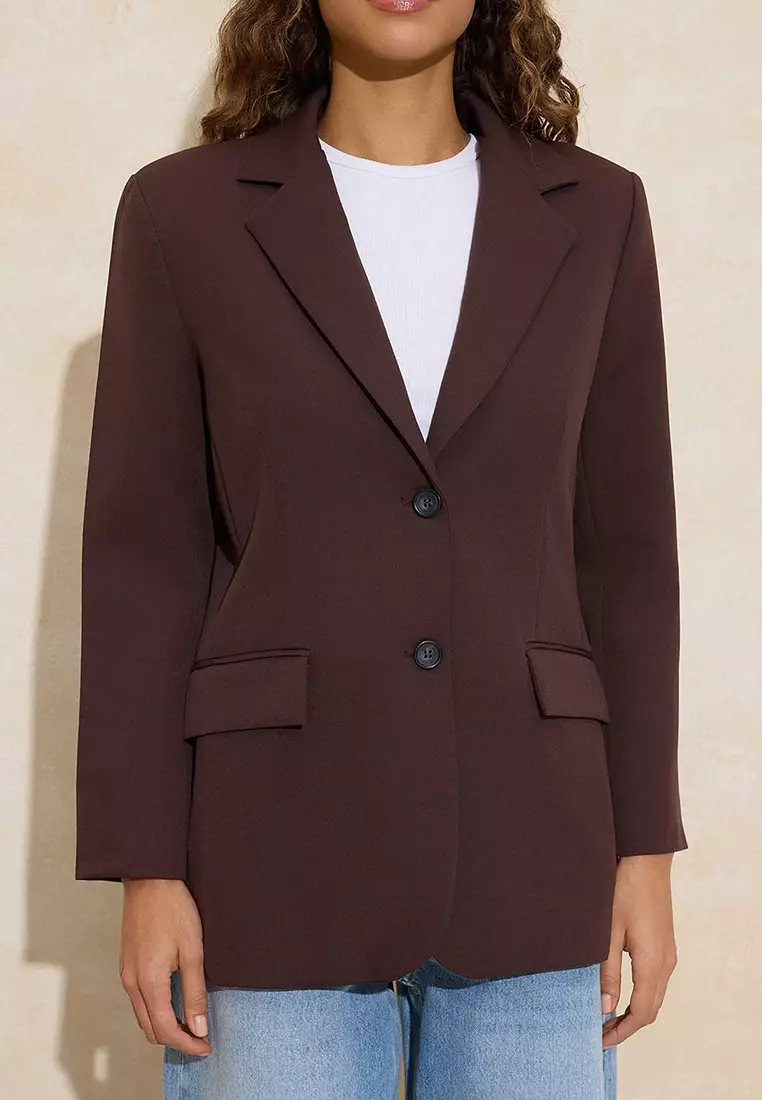Dark Brown Oversize Woven Blazer Jacket Twoaw24Bc17
