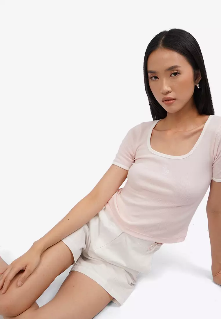 Contrast Rib Square Neck Logo T-Shirt