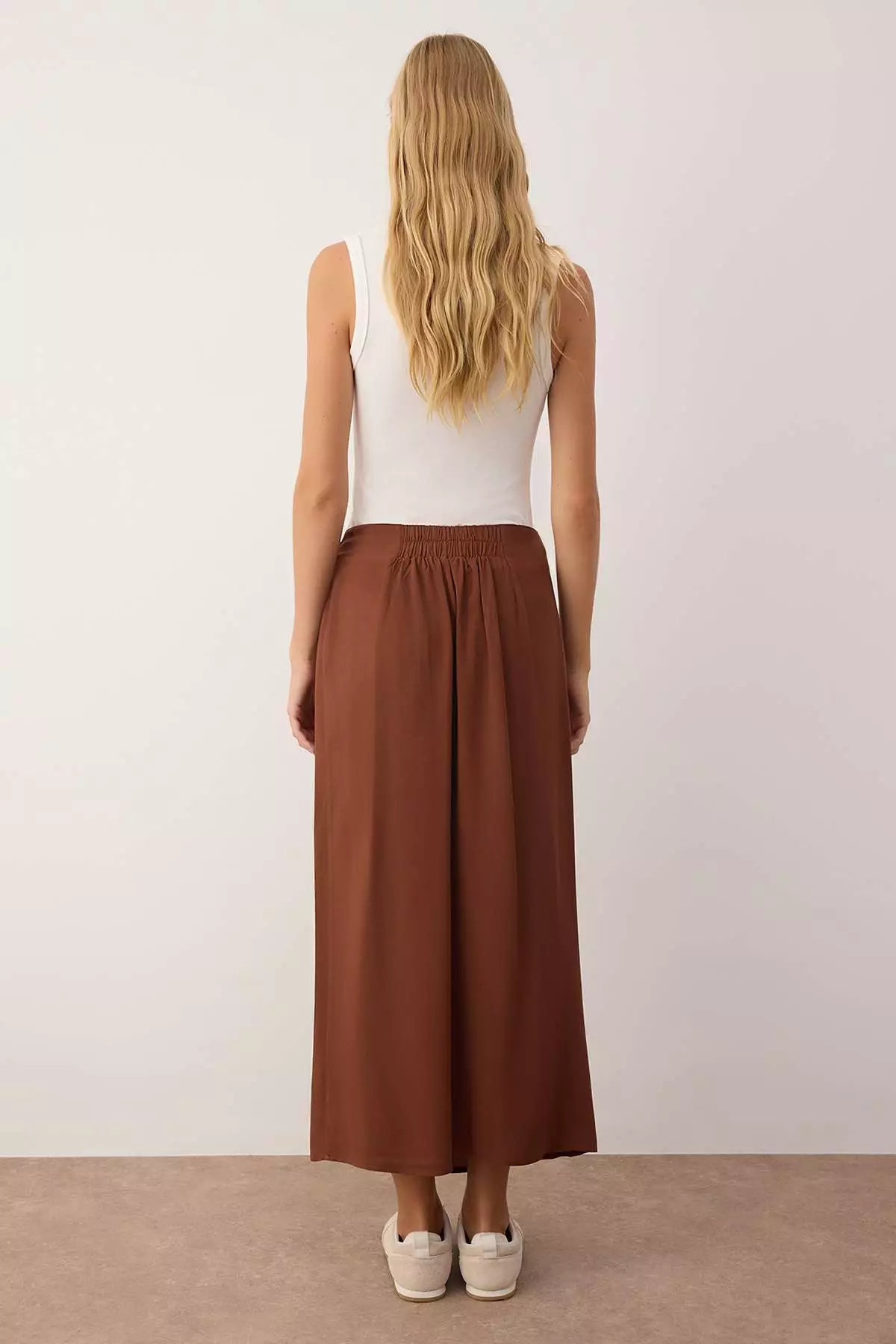Sustainable Brown Tied Double Breasted Viscose Fabric Maxi Length Woven Skirt