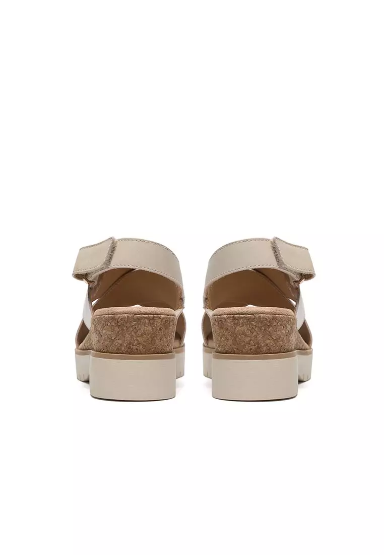 Womens Diaz Cross Heeled Wedge Sandals - Cream Leather
