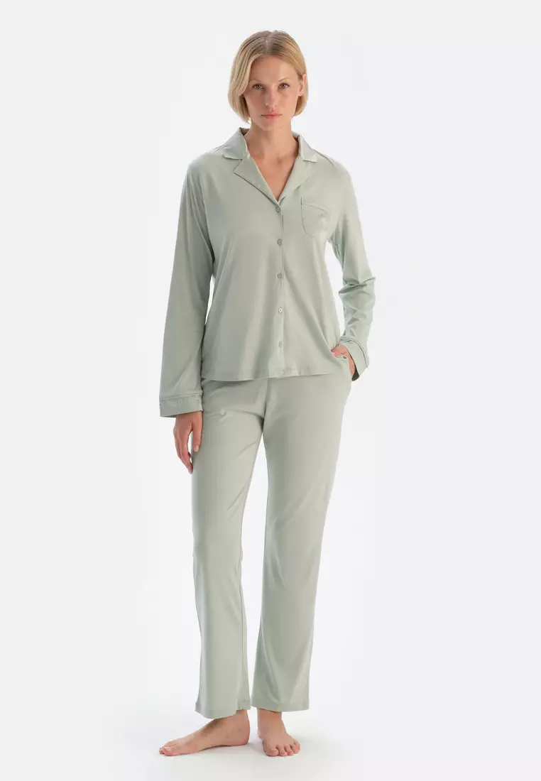 Mint Green Shirt & Trousers, Shirt Collar, Regular Fit, Long Sleeve Sleepwear for Women