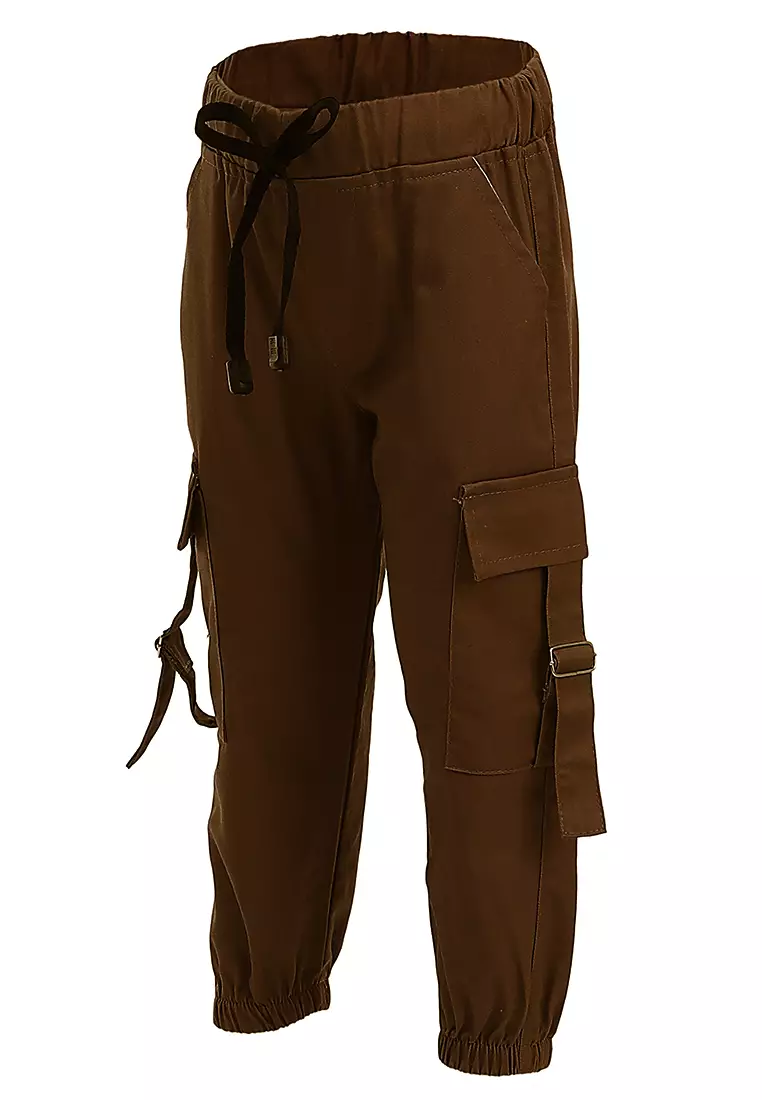 Yocelyn Celana Jogger Anak Perempuan Variasi Saku Kids Long Pants Plian Motive Material Cotton ORIGINAL - Brown