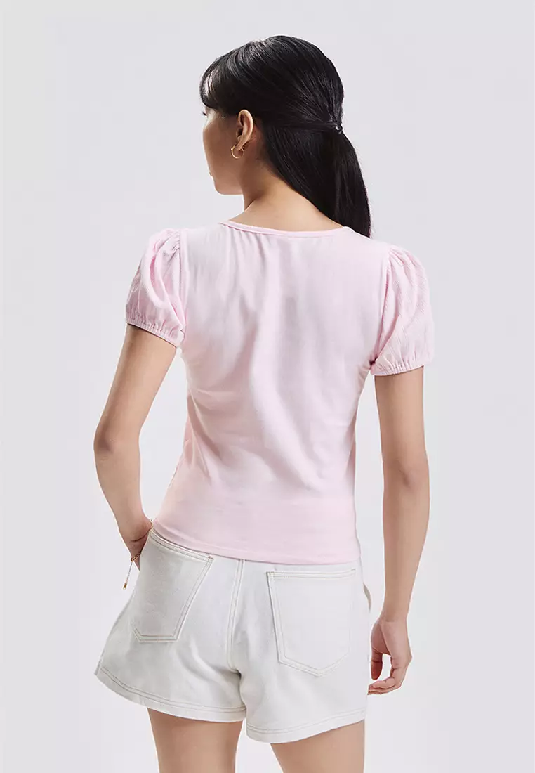 Cropped Pointelle Puff Sleeve Top