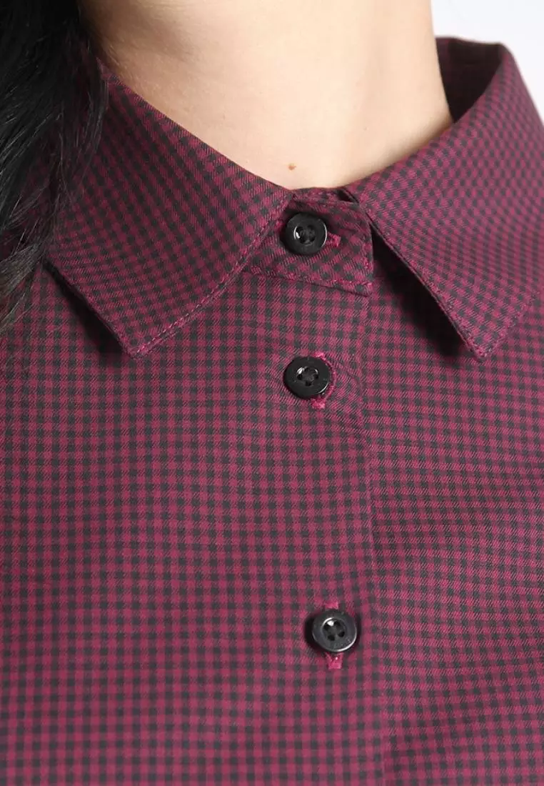 Kemeja Lengan Panjang Pierre Cardin Wanita Dark Aubergine Check