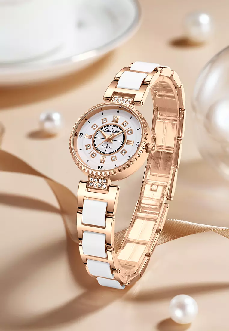 Jam Tangan Wanita Original 8013 Korea Santai Berlian Anti Air Tali keramik Jam Tangan Cewek rose white