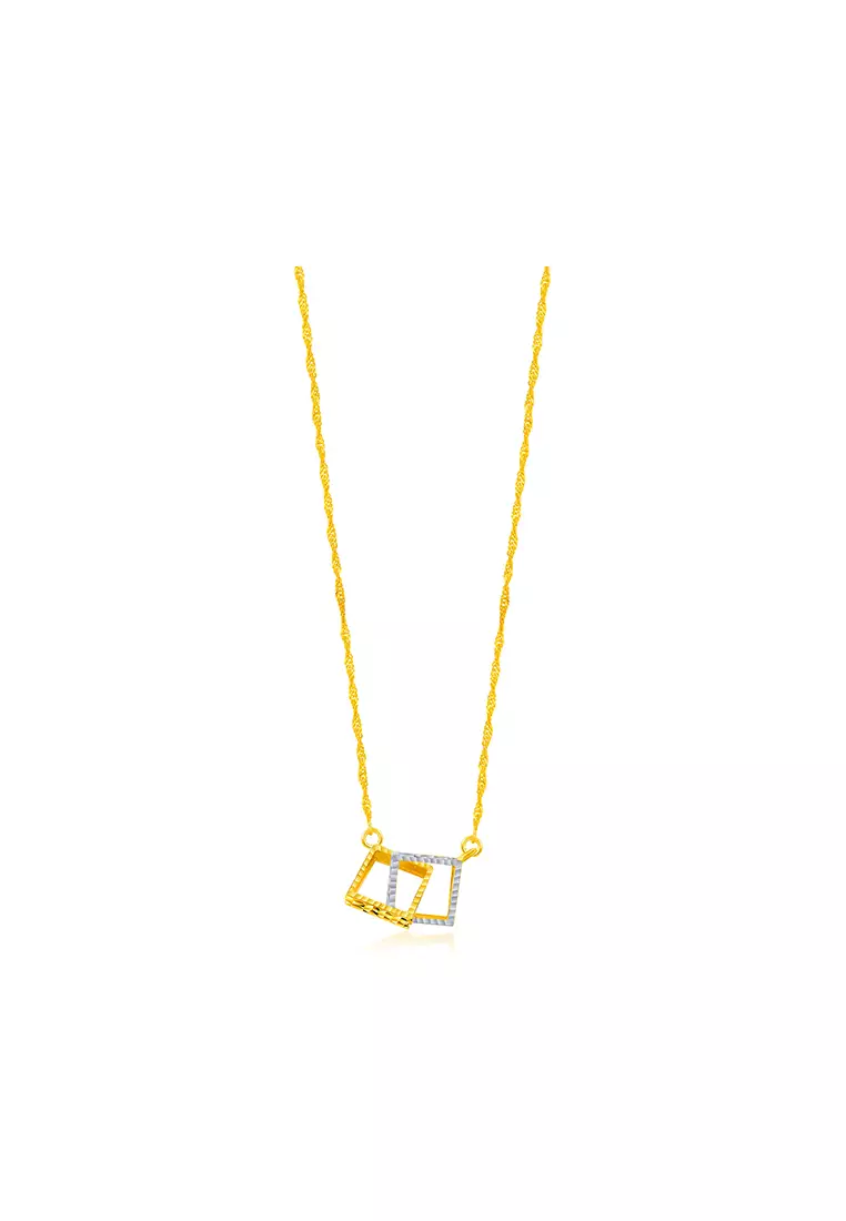 375/9K Gold Double Square Interlocking Pendant Necklace Set R182B