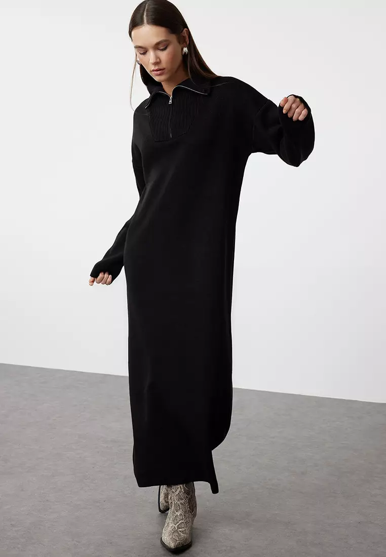 Black Comfortable Fit Basic Knitwear Dress with Zipper Collar TCTAW25EB00013