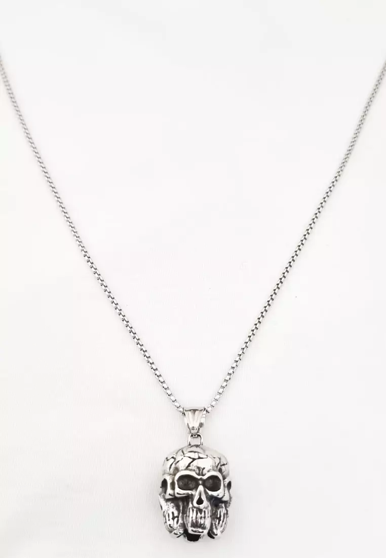 4 D Faced Skull Premium Stainless Steel Necklace Kalung Pria Silver