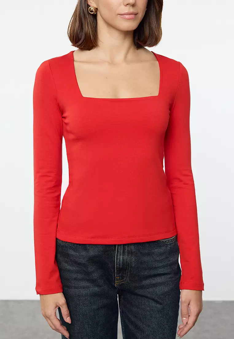 Square Collar Cotton Knitted Blouse Regular Fit