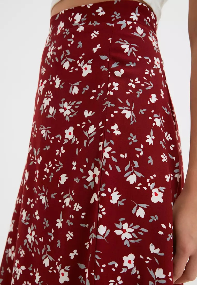 Floral Patterned Midi Skirt with Slit Detail