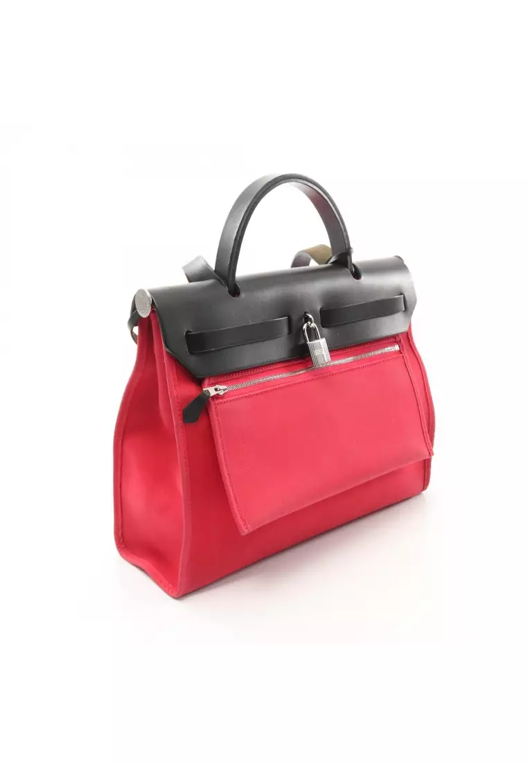 Pre-Loved Hermès herBag Zip PM rose extreme Handbag Toile Officier vache hunter Pink purple black silver hardware 2WAY A stamp