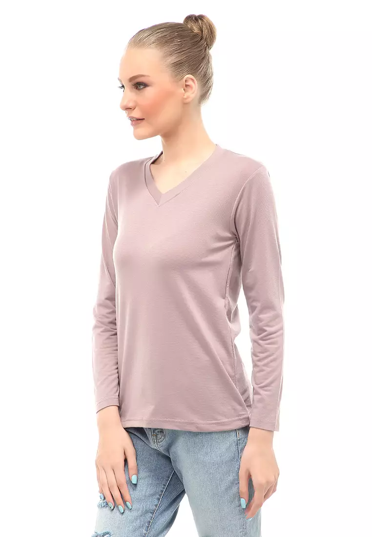 Kaos Polos Atasan Wanita V-Neck Lengan Panjang Design Simple Relaxed Fit - Mocca