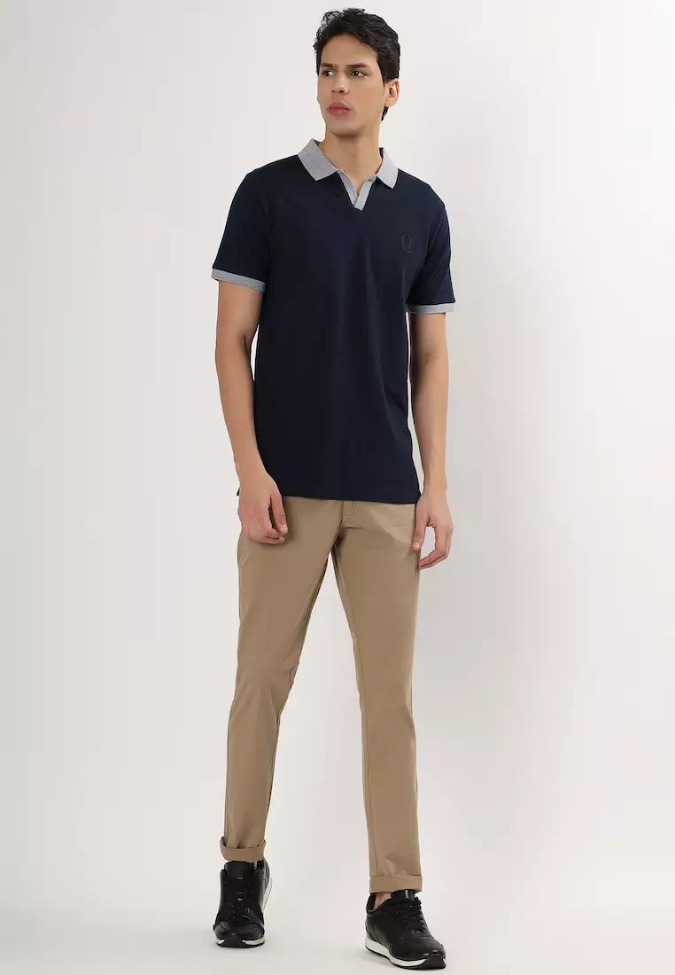 Mens Short Sleeve Contrast Blue - Grey Collar Cotton Button less Polo Shirt/T-shirt, V Neck, Sport-Casual Wear, Regualr fit