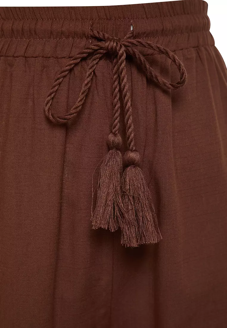 Brown  Weaving 100% Cotton Blouse Trousers Beach Set TBESS21AU0444