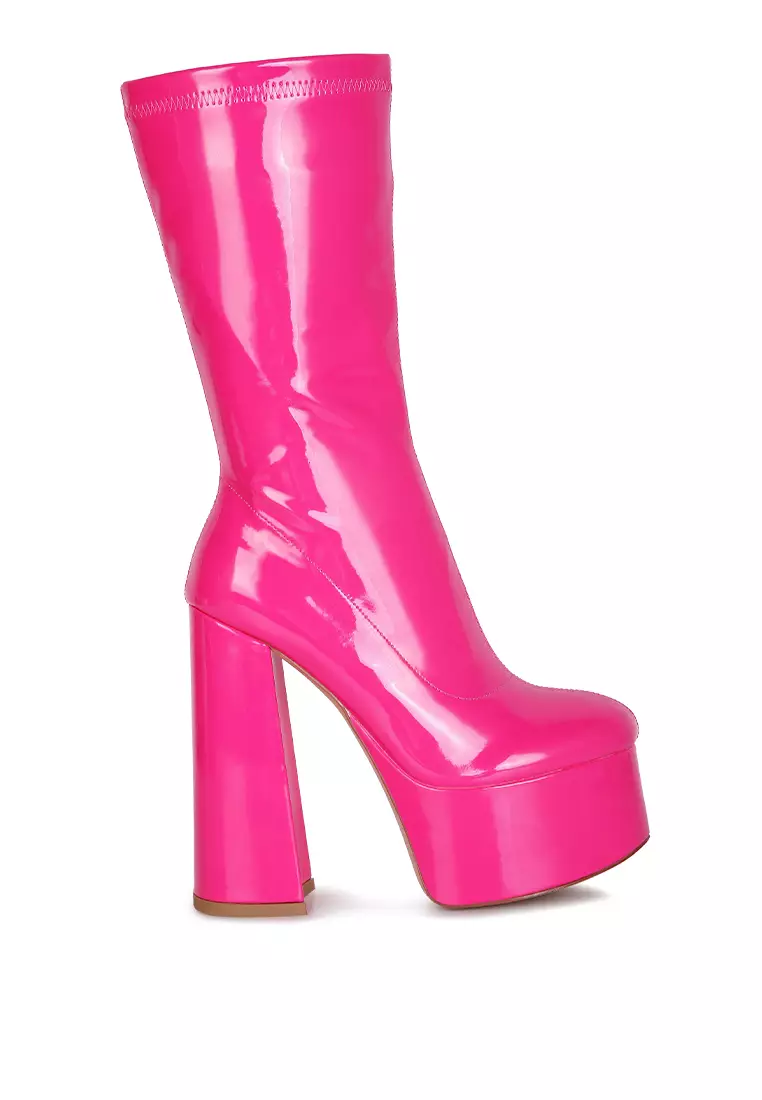 Buy London Rag Fuchsia Patent PU High Block Heeled Ankle Boot 2024