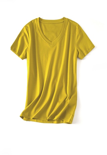 Twenty Eight Shoes yellow VANSA V-neck Mercerized Cotton Short-sleeved T-Shirt VCW-Ts1902V F74BFAAA2EF659GS_1