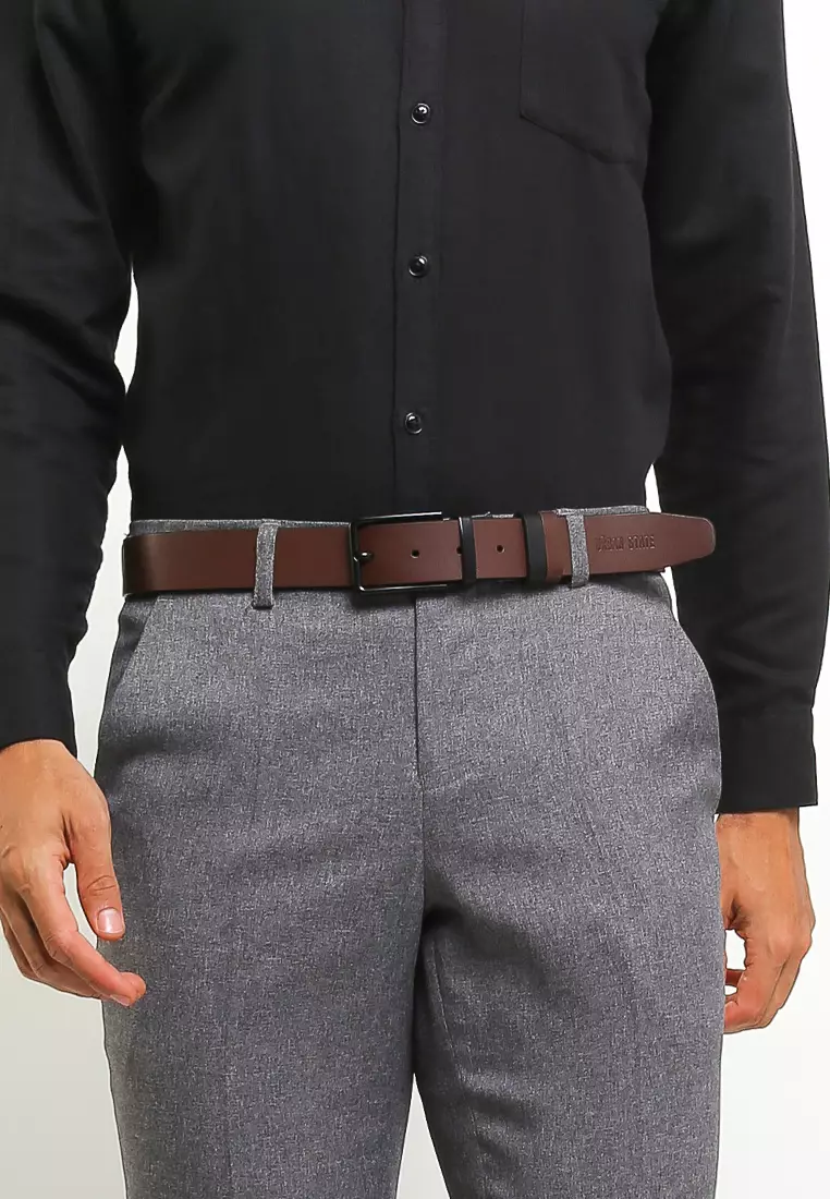 Black Slim Square Pin Buckle Reversible Top Grain Leather Belt