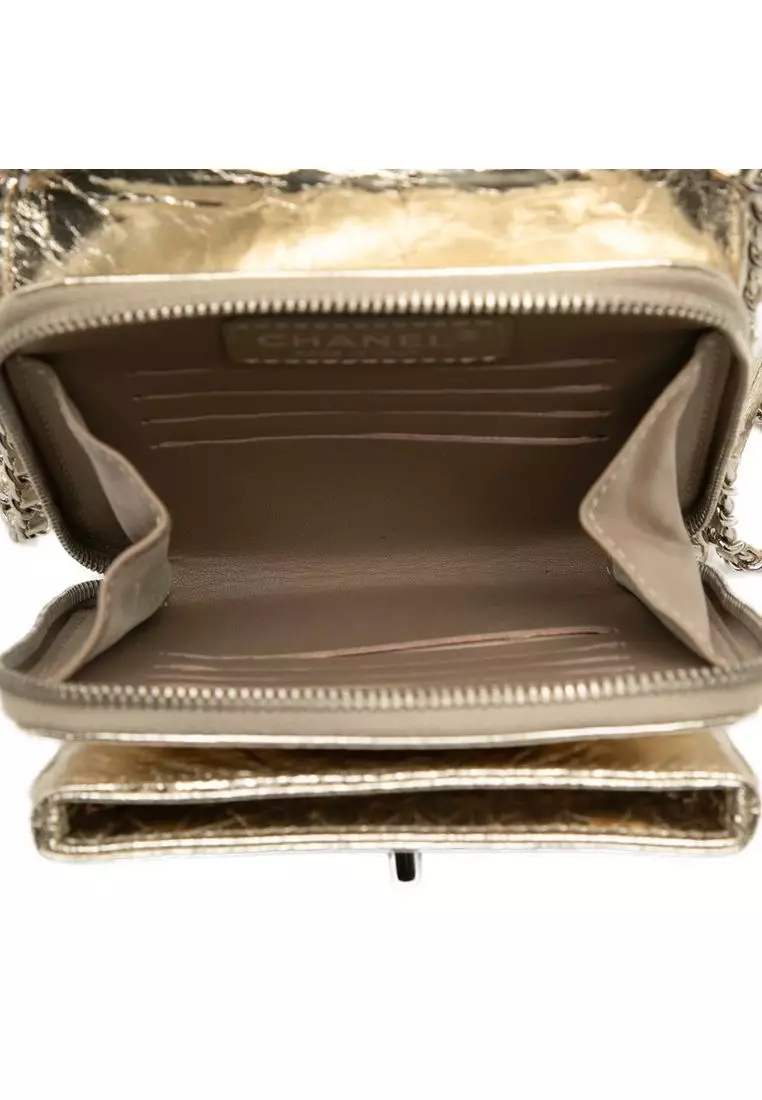 Pre-Loved Chanel Quilted Metallic Aged Calfskin Clams Wallet On Chain