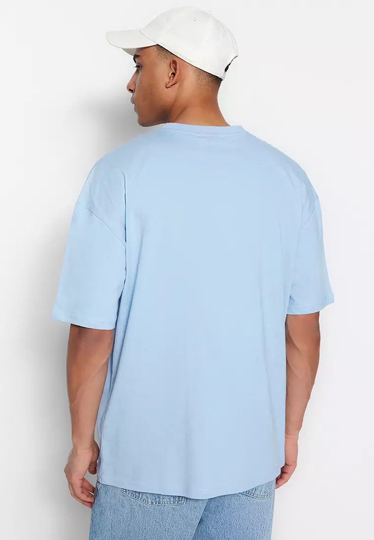 Light Blue Unisex Oversized/Wide Cut Crew Neck Short Sleeve Printed T-Shirt