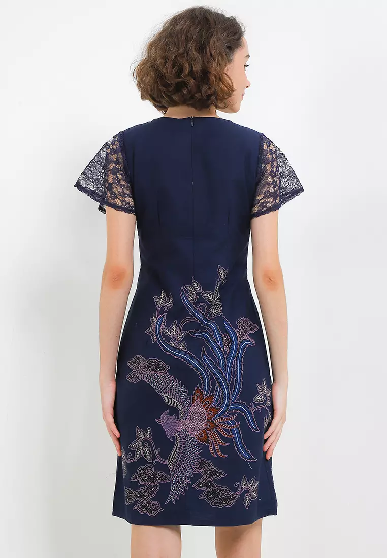 Dress Wanita Bodyfit Batik Furing Lining Firanza Blue Navy