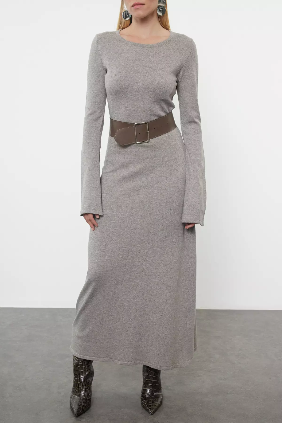 Mink Mercerized Look Premium/Special Yarn Midi Knitwear Belt Dress