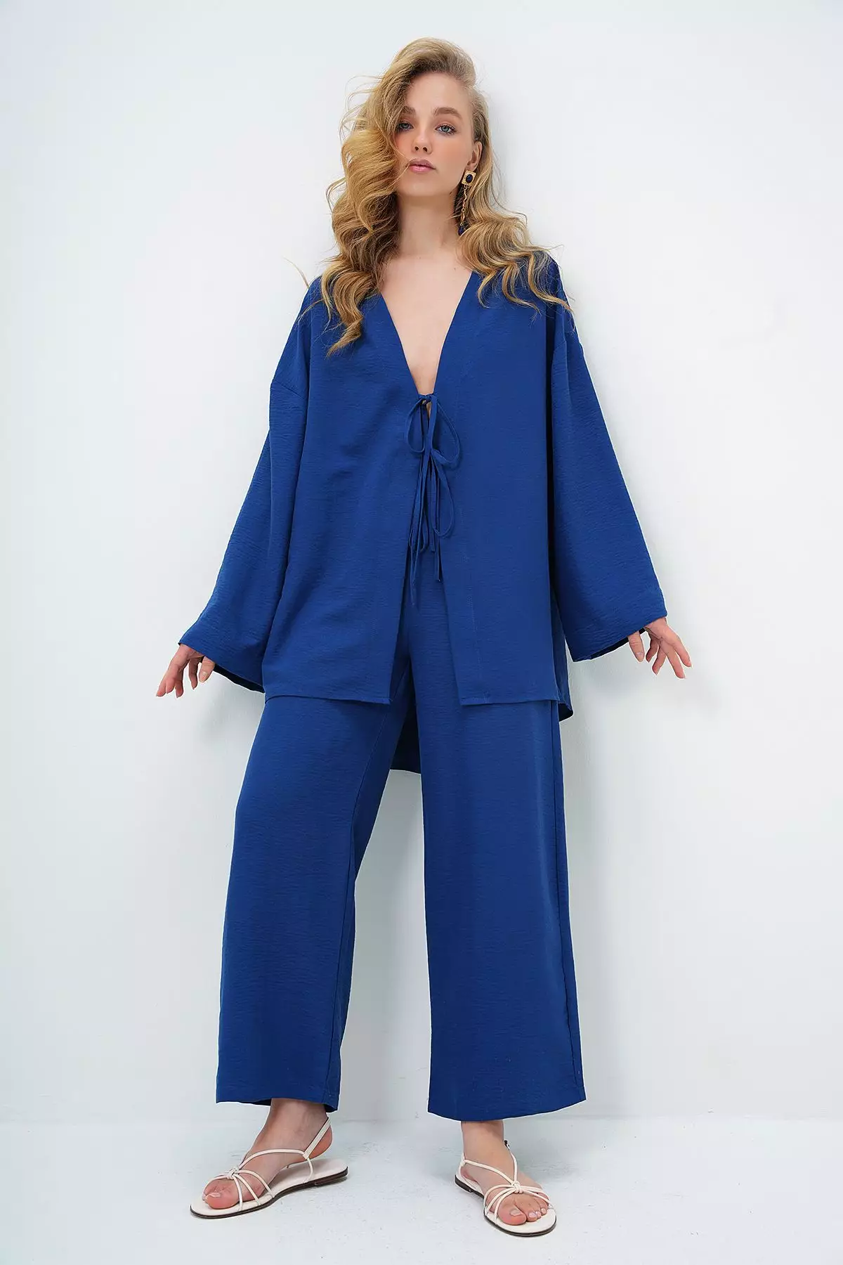 Women's Navy Blue Lace-Up Kimono Jacket And Palazzo Pants Set Alc-X12452