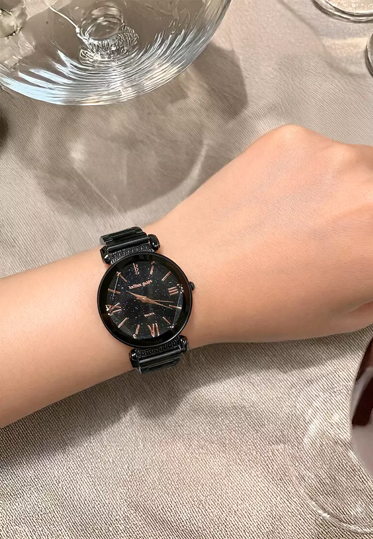 Romish Watch Embellished with Glittering Crystals - Black and Rose Gold