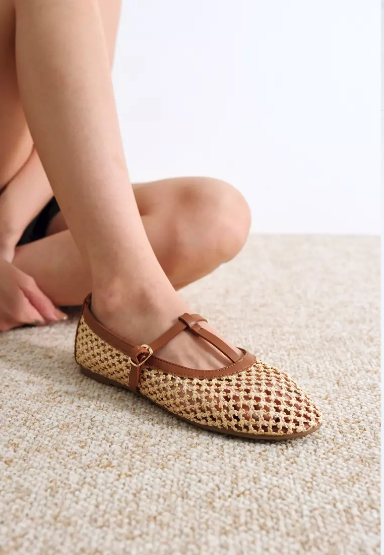 Aria Woven Mary Jane Flatshoes Summer Slip On in Natural