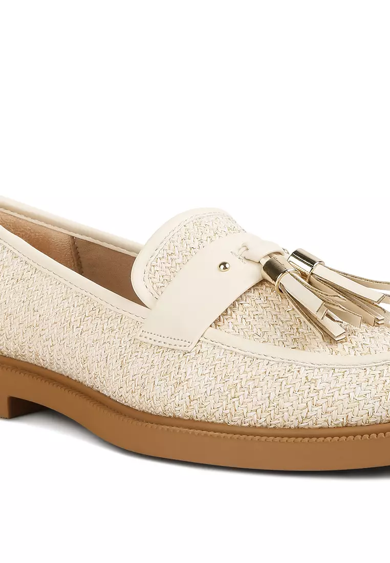 Cream Tassle Detail Rafia Loafers