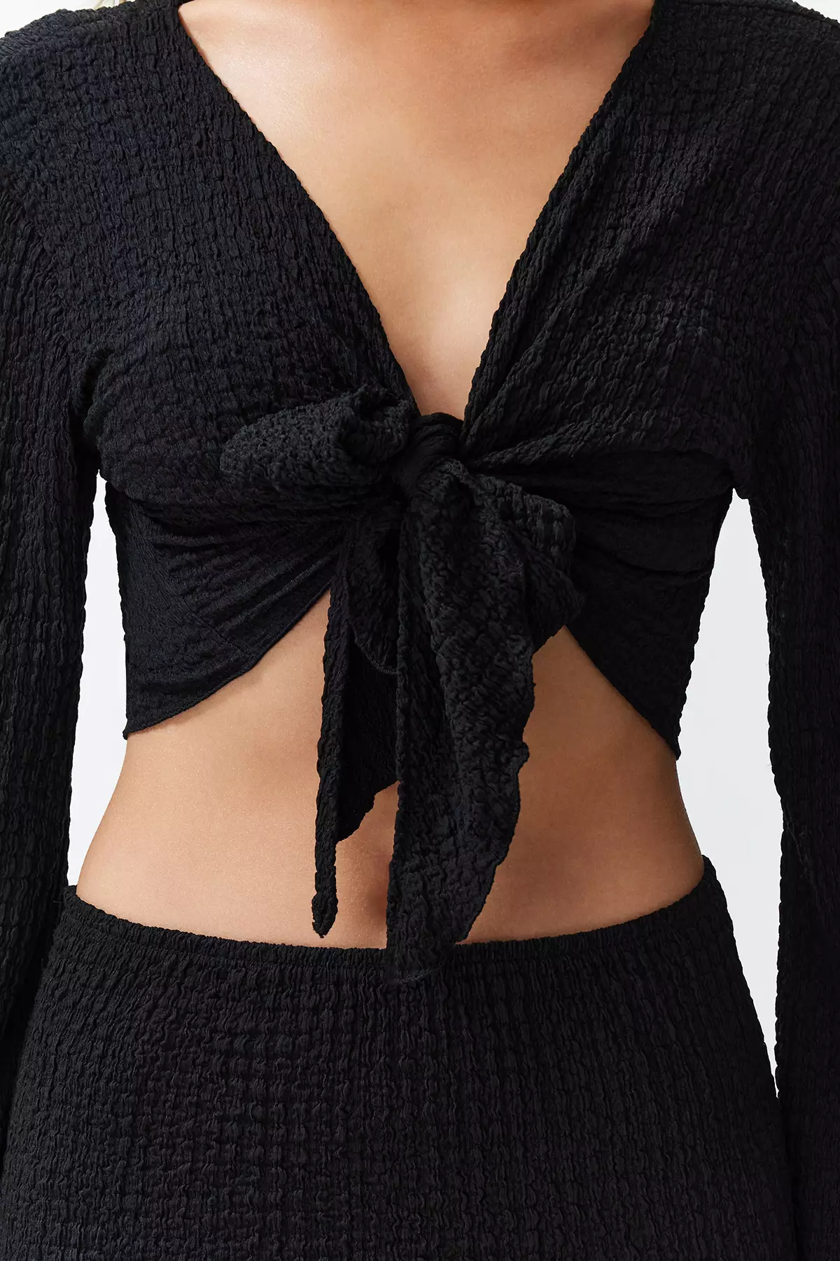 Black Woven Tied Textured Blouse Skirt Beach Set