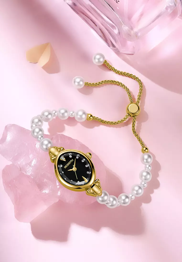Jam Tangan Wanita Anti Air Original Analog Elegan Anak Perempuan Korean Style Kecil Mutiara Watch Women goldblack