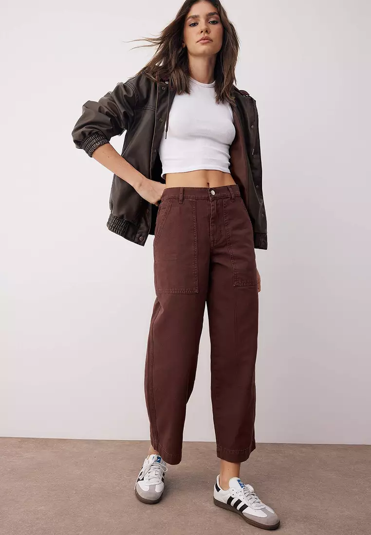 Brown High Waist Pocket Detailed Loose Baggy Jeans