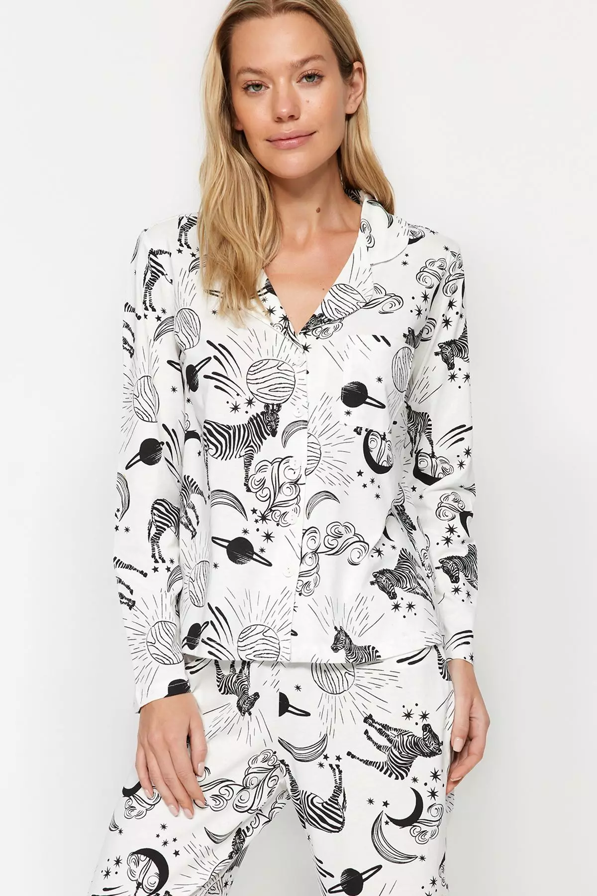 White 100% Cotton Patterned Shirt-Pants Knitted Pajama Set THMAW24PT00002