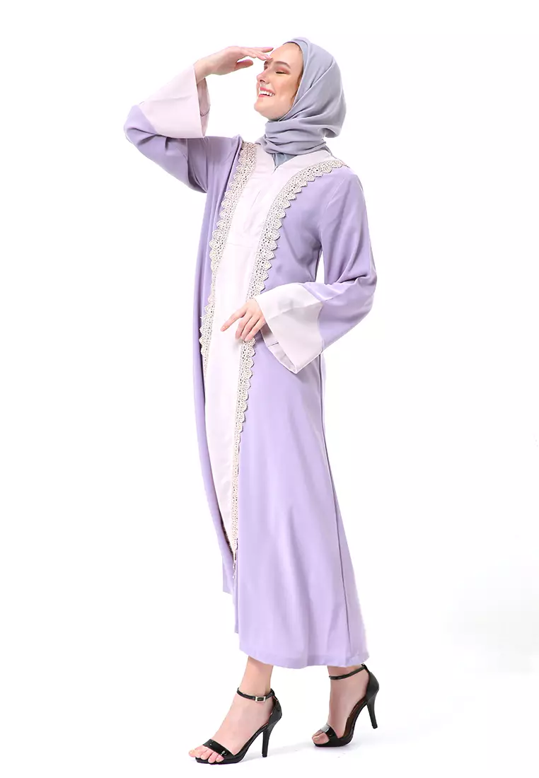 Catlana Long Hidden Pocket Abaya Turkey Variasi Renda Premium High Quality - Lavender