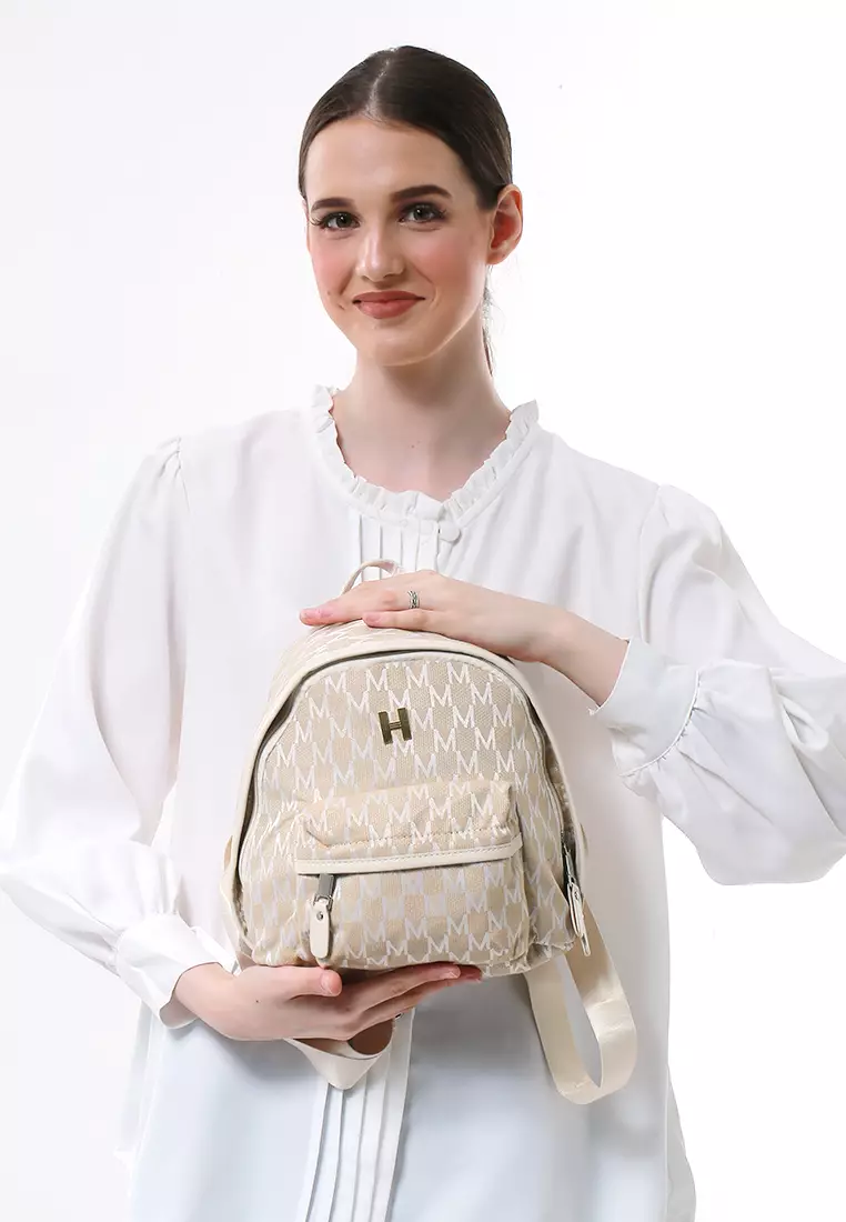 Cellyn Tas Ransel Mini Wanita Motif Batik Large Compartment Material Leather ORIGINAL - Beige