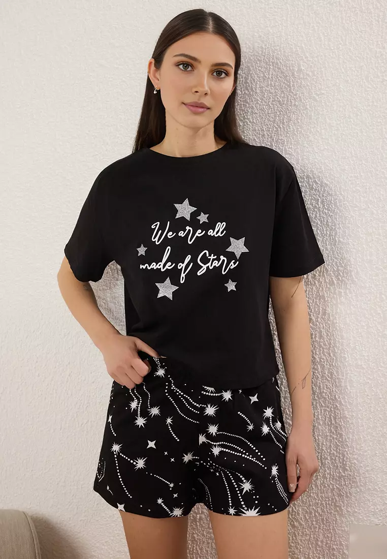 Black 100% Cotton Star Patterned Shorts Knitted Pajama Set THMSS25PT00393