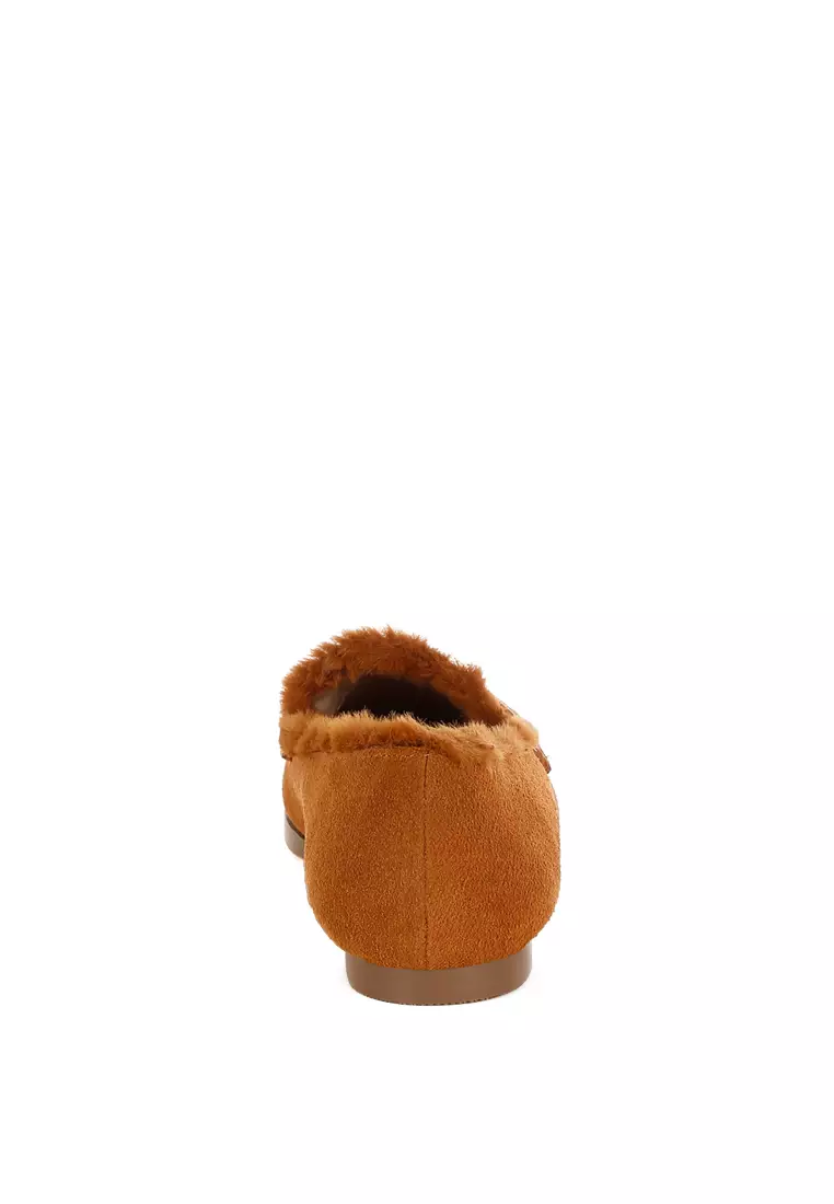 Suede & Faux Fur Flat Loafers In Tan